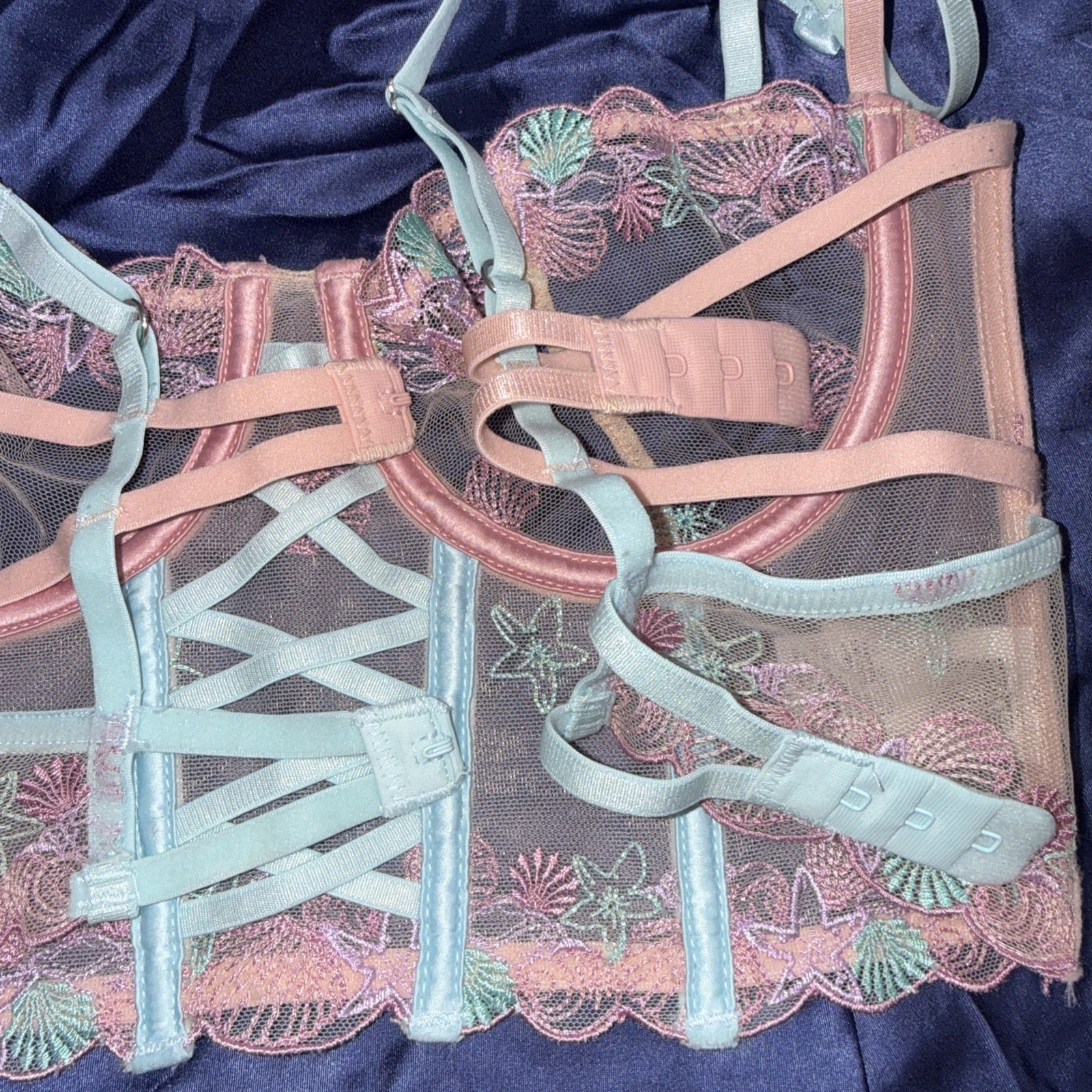 ASOS Design Fairy Beach Corset Mermaid Shells Embroidered Sheer Top Bra Size 32B