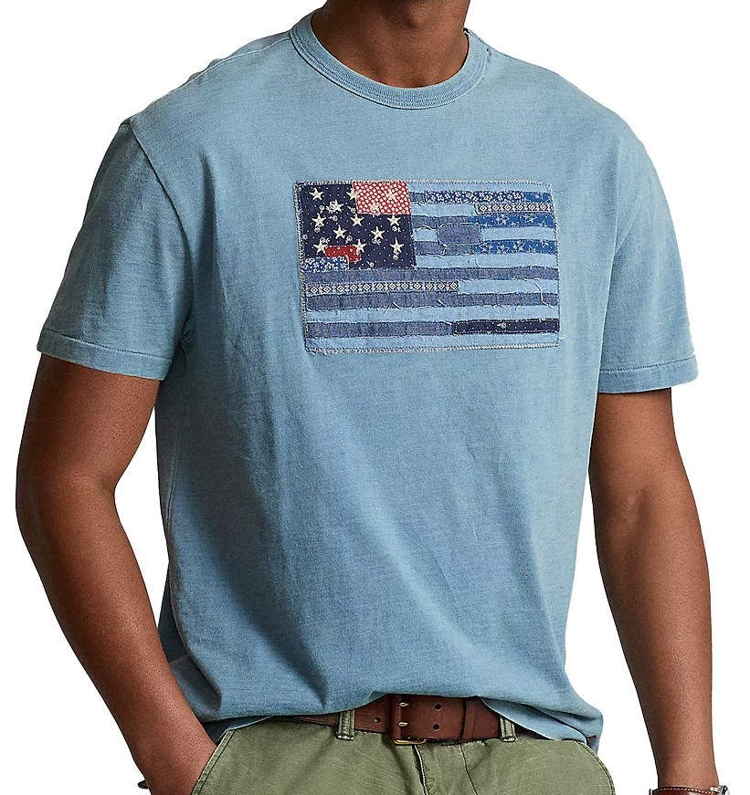 POLO RALPH LAUREN Men Classic Fit Light Indigo Blue US Flag Slub Cotton T-Shirt