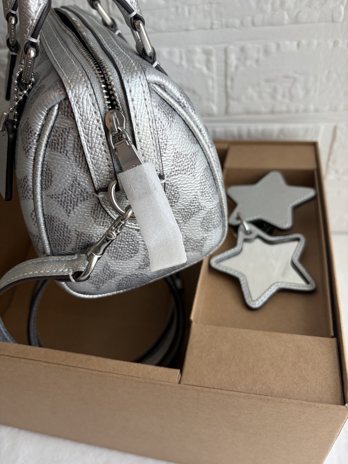 Coach Signature Logo Mini Satchel Metallic Silver/Gray Zip Strap Star Charm