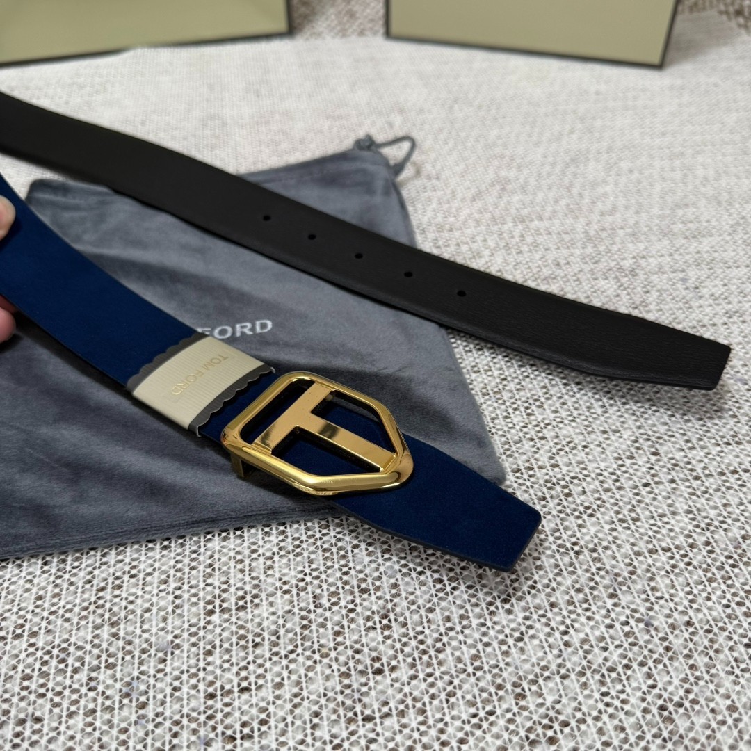 Tom Ford Belt Reversible Blue/Black Calfskin Gold T Buckle Belt