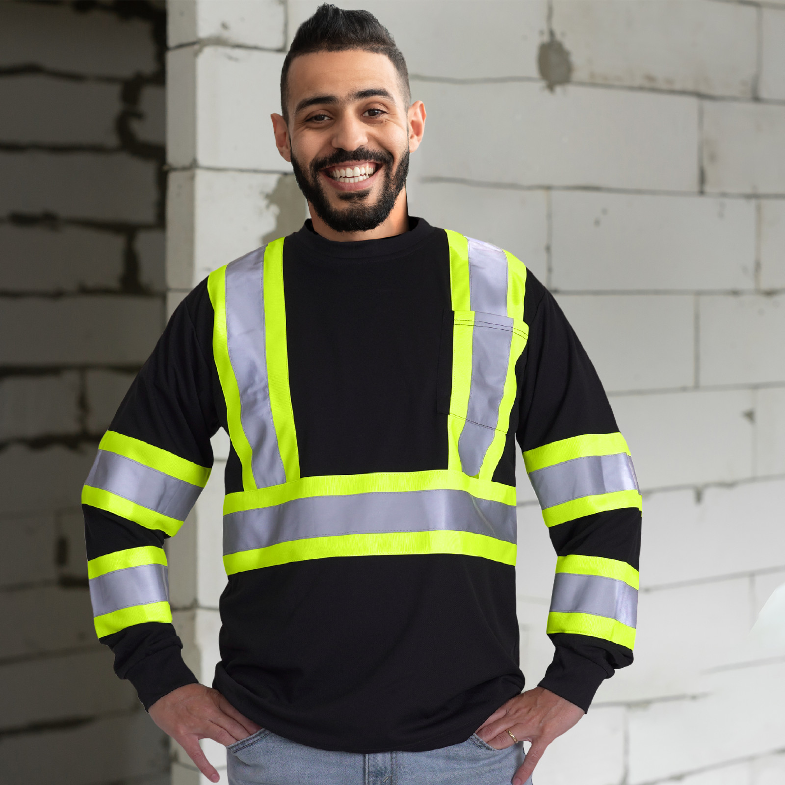 Black Hi Vis Shirt ANSI Reflective Safety Long Sleeve HIGH VISIBILITY