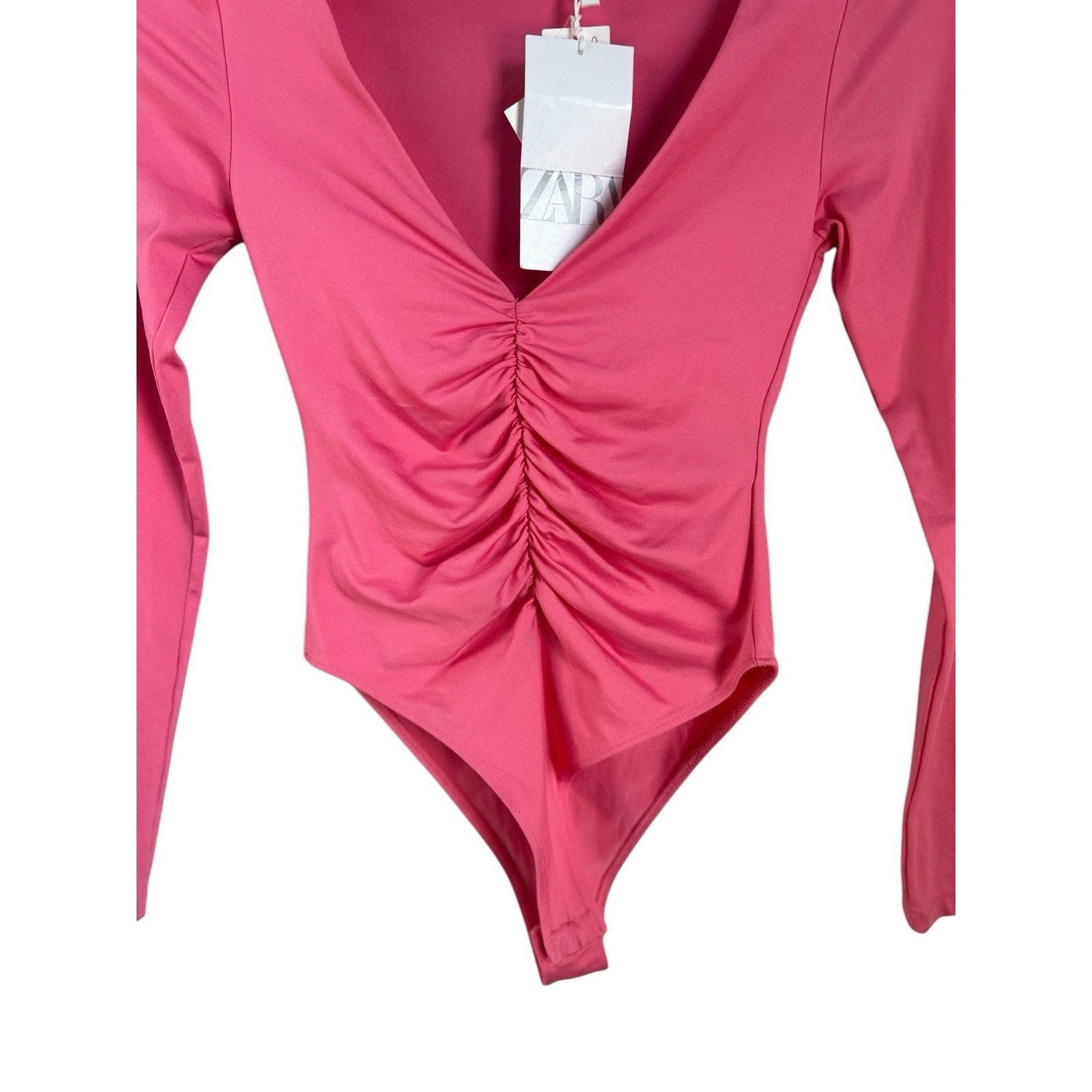 NWT Zara Ruched Effect Long Sleeve Thong Bodysuit Bright Pink Small Barbiecore