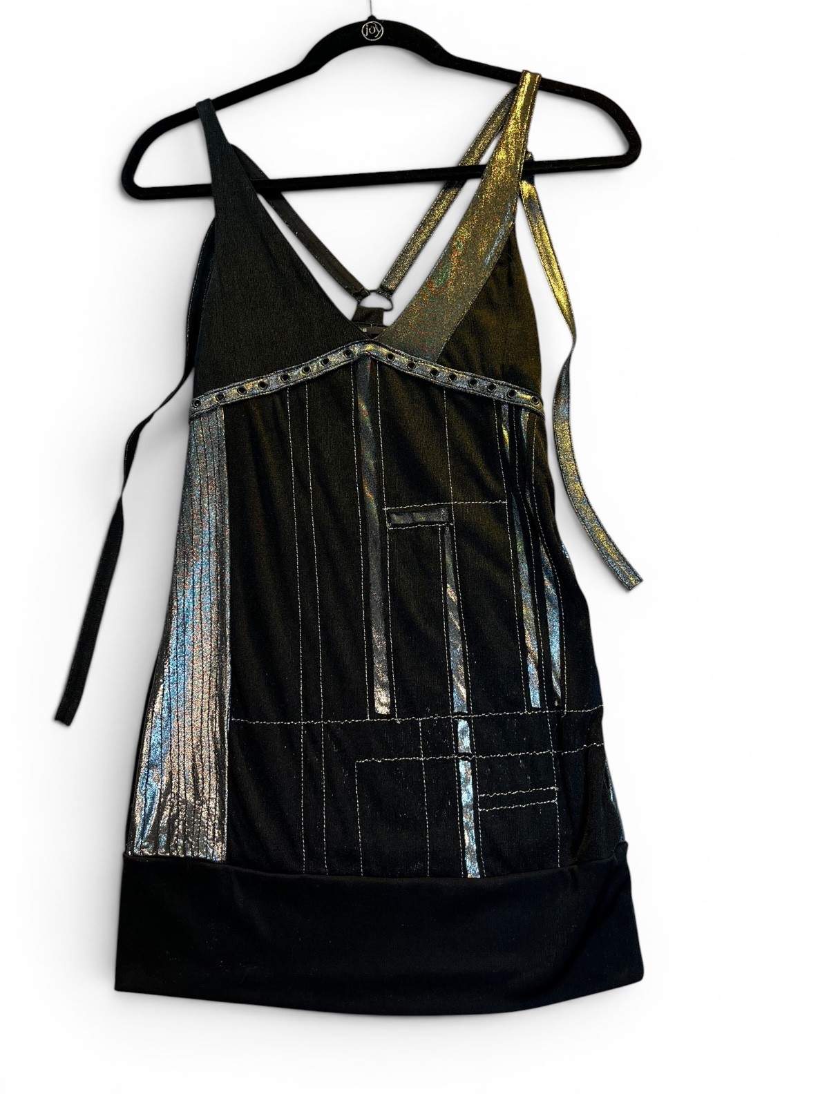SALVAGE Black & Silver Mini Dress Y2K Grunge Sz S Embroidered Adjustable Straps