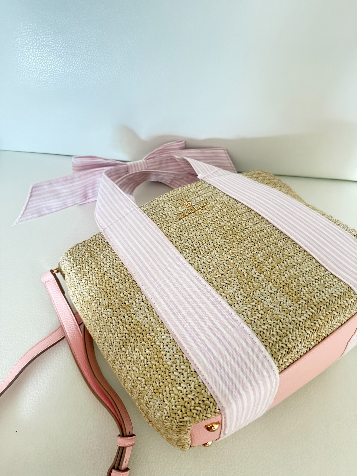 NWT NANETTE LEPORE BESSY TOTE CROSSBODY BAG NATURAL PINK GINGHAM W BOW