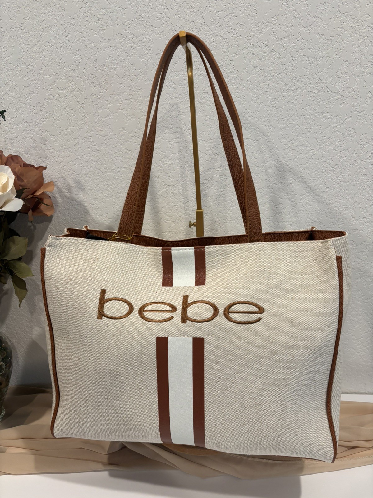 Bebe Paisley Canvas Tote Bag Caramel Stripe Large Shoulder Tote NWT MSRP $139