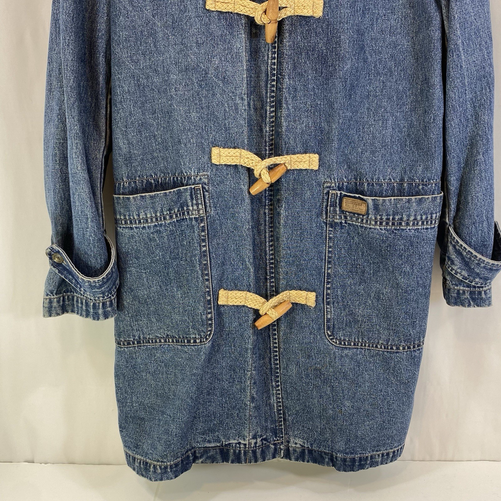 Vintage Ralph Lauren Denim Hooded Duster Jacket Chore Coat Toggle Womens M