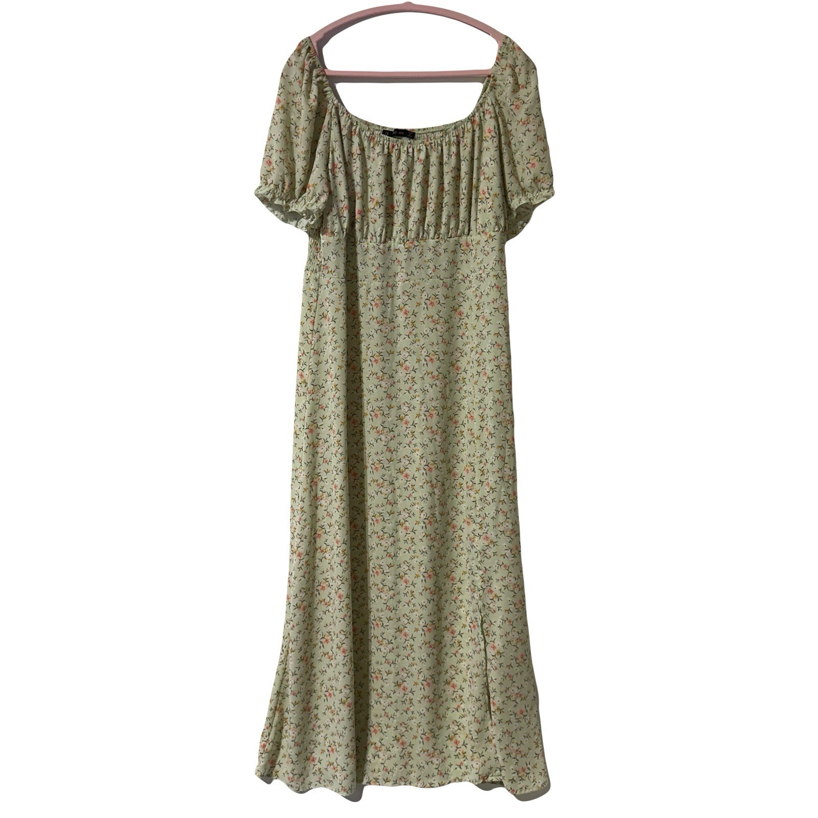 Hesperus Women’s Green Floral Midi Dress Empire Waist Smocked Size 1X Front Slit