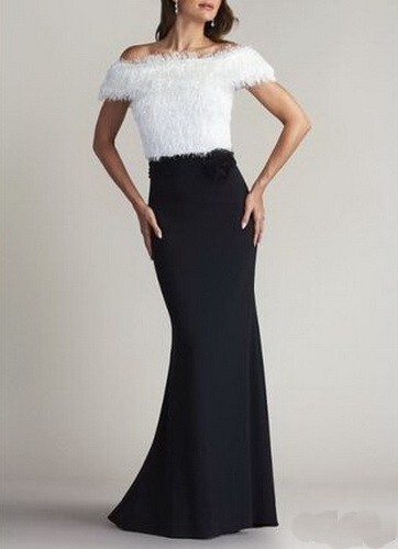 Tadashi Shoji Black Ivory Jana Eyelash Yarn And Crepe Gown Size Small $558