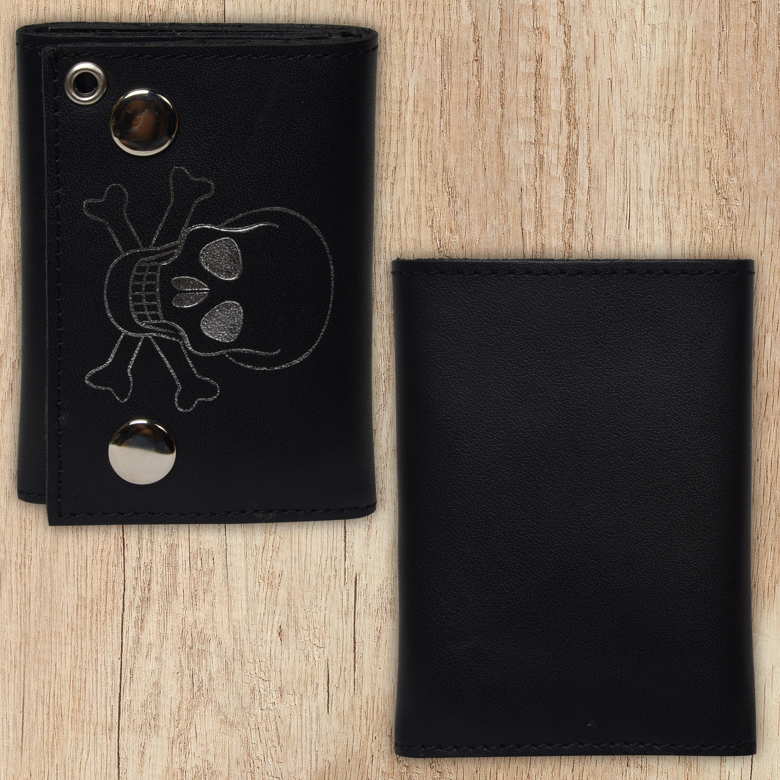 Leatherboss Genuine Leather Men Skull and Bones Trifold Wallet Chain Biker,Black