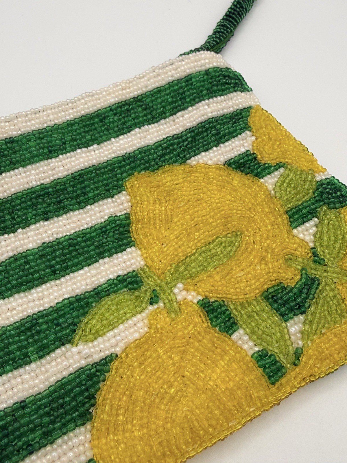 The Jacksons Lemon Striped Beaded Zip Wristlet Clutch Pouch Green/White/Yellow