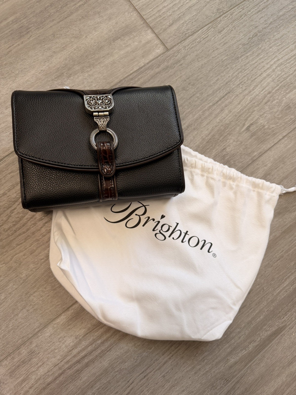Brighton Nepal Organizer Black Brown Leather Purse Wallet Bag w/ Dust Bag