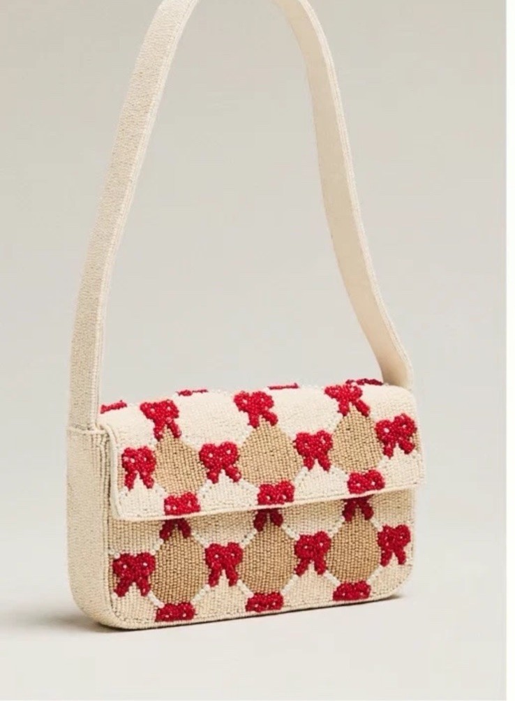 Anthropologie Fiona Beaded Bag Winter Icon Edition Red Bow Checkered New
