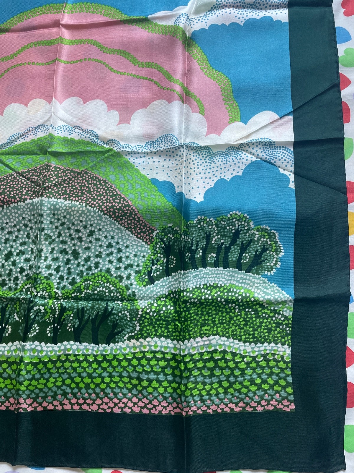 Vintage New Sally Gee 100% silk rare landscape Scarf 26.5″ square, made in Japan