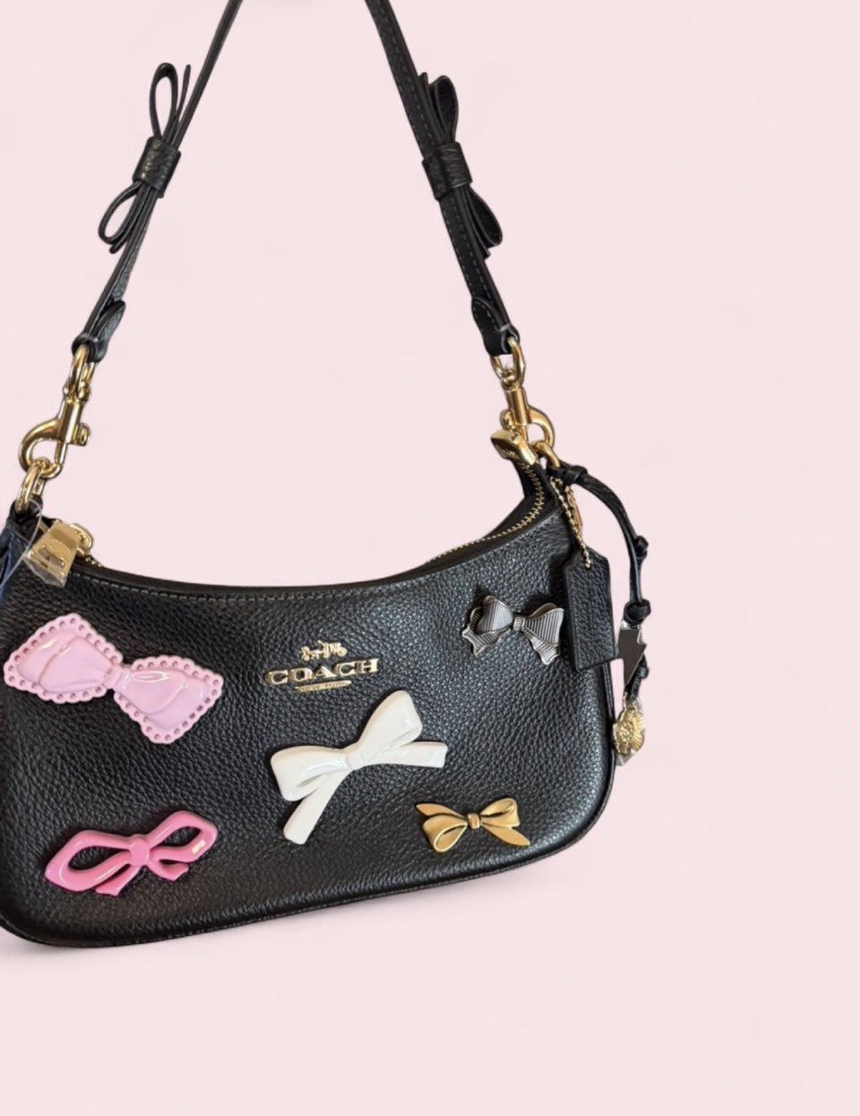 NWT COACH CDY93 Teri Shoulder Bag With Bows And Charms Pebble Leather Black