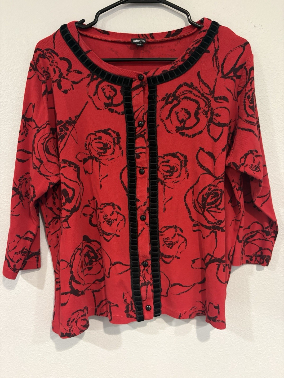 Rafaella Red Black Floral Knit Button Front Round Neck Cardigan Sweater 1X