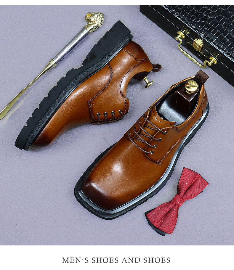 Men’s 100% Real Leather Square Toe Derby Shoes Wedding Platform Business Lace Up