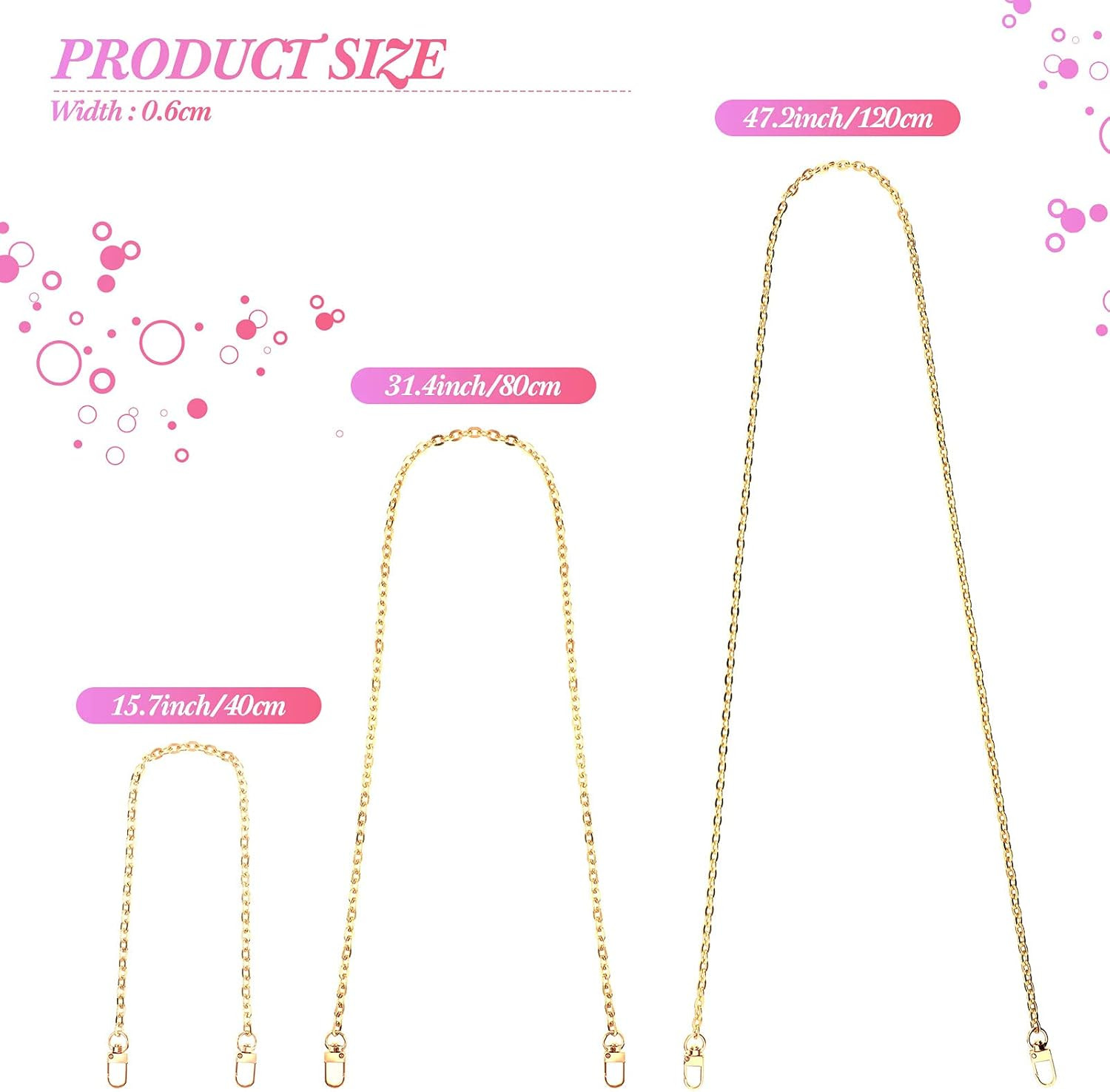3 Pcs Gold Purse Chains Purse Strap Flat Shoulder Link Chains, Classic Style Mi
