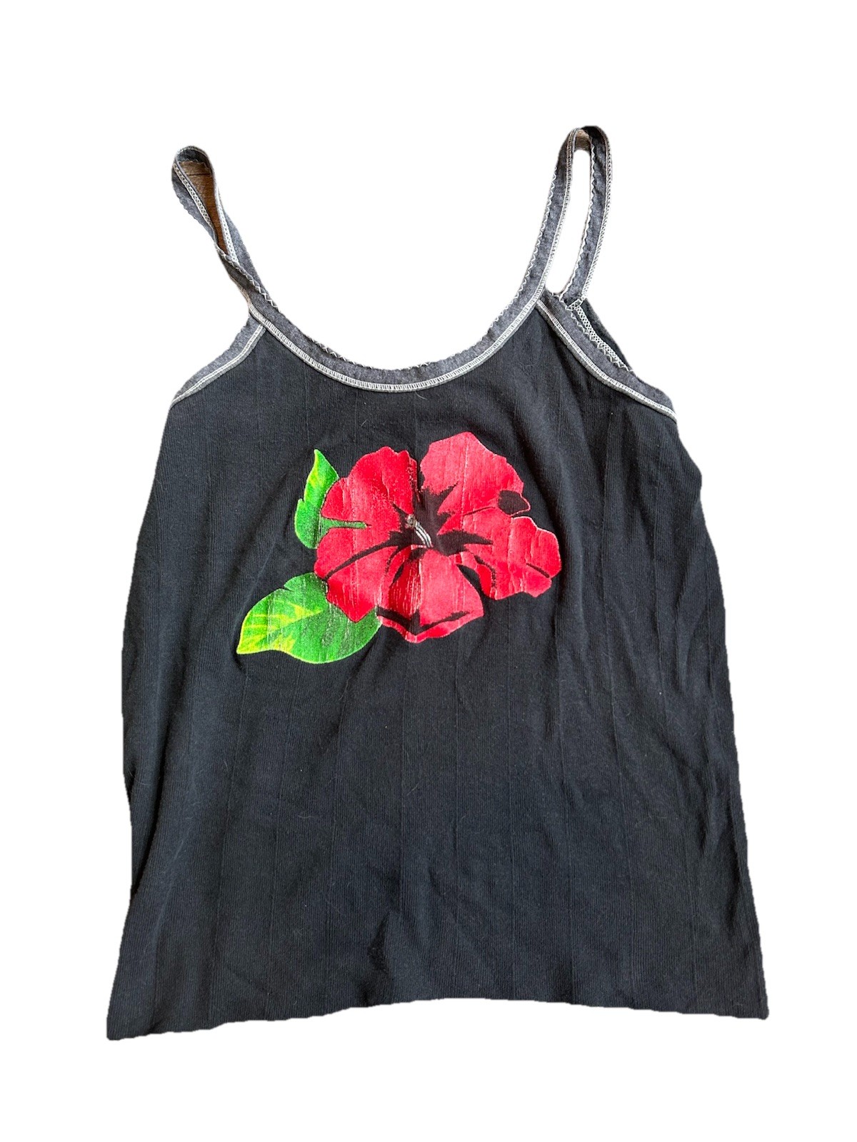 Y2K Floral Cami Tank Top Black Red Flower Contrast Stitch Bulldog M/L Vintage 90