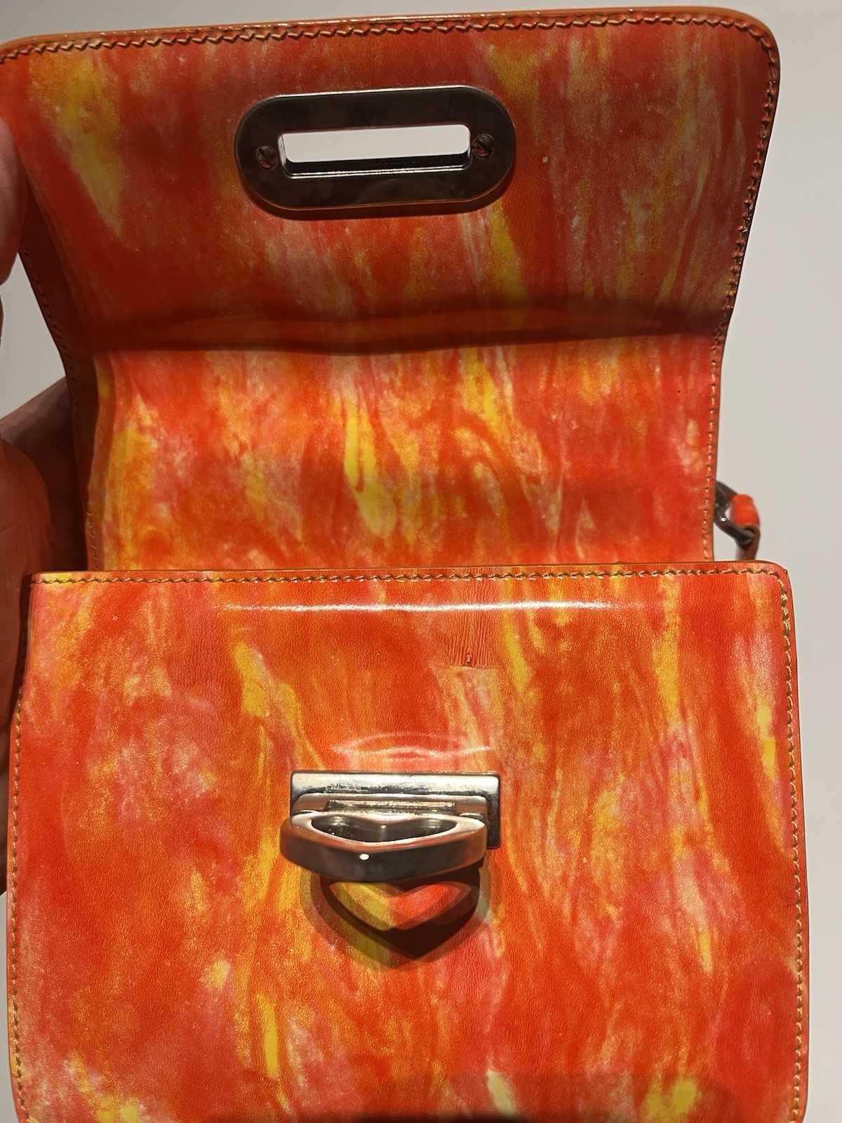 Vintage 90s Y2K Moschino Redwall Heart Locking Satchel Purse Orange Flames RARE