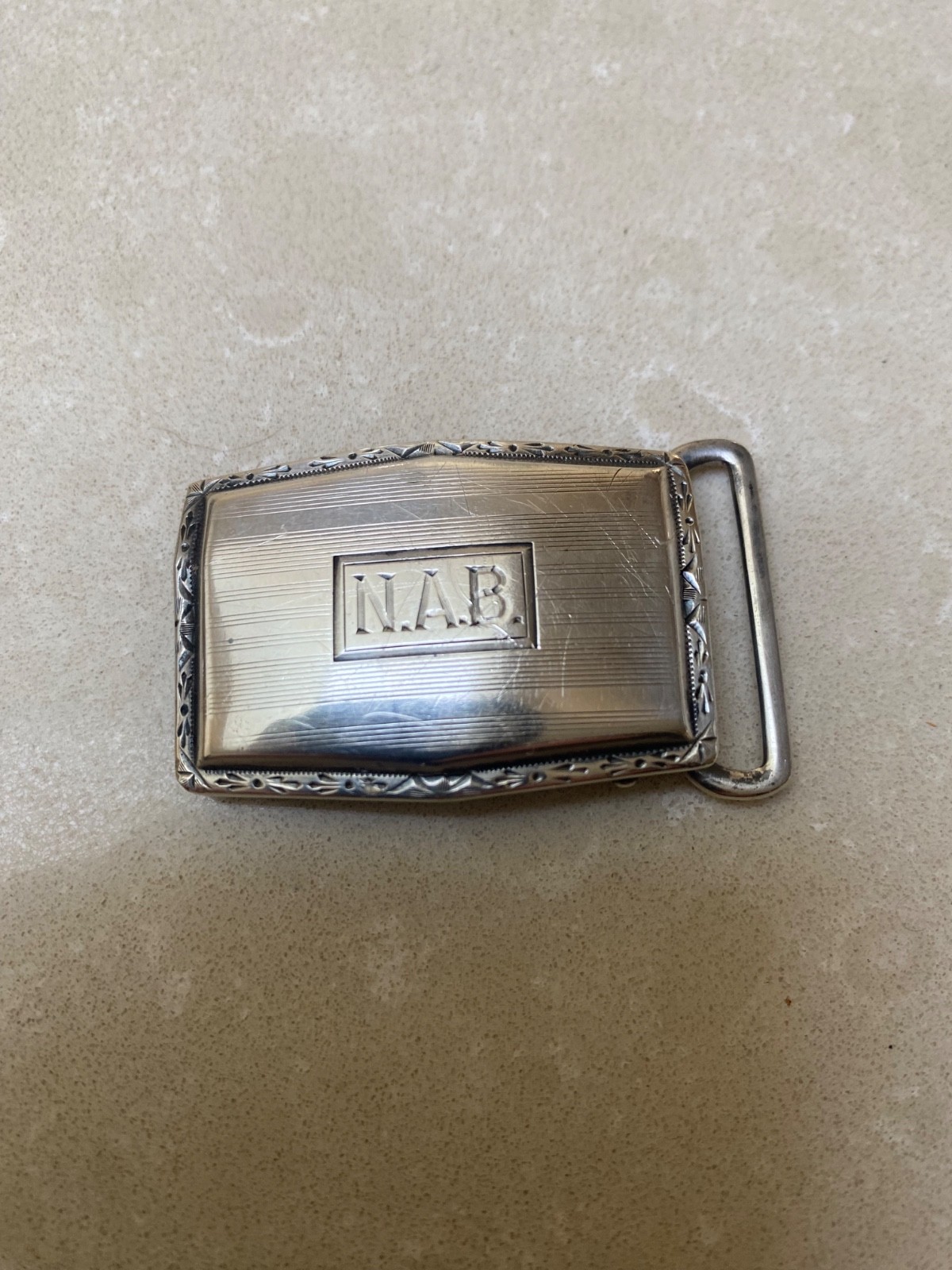 Vintage Sterling Silver Belt Buckle Engraved Edging and Initials N.A.B.