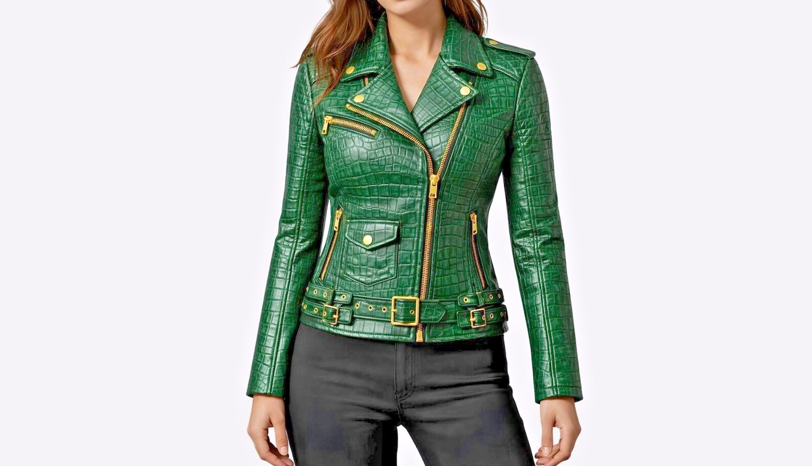 Women’s Green Croc Embossed Leather Biker Jacket Gold Zip Moto Motorcycle Coat
