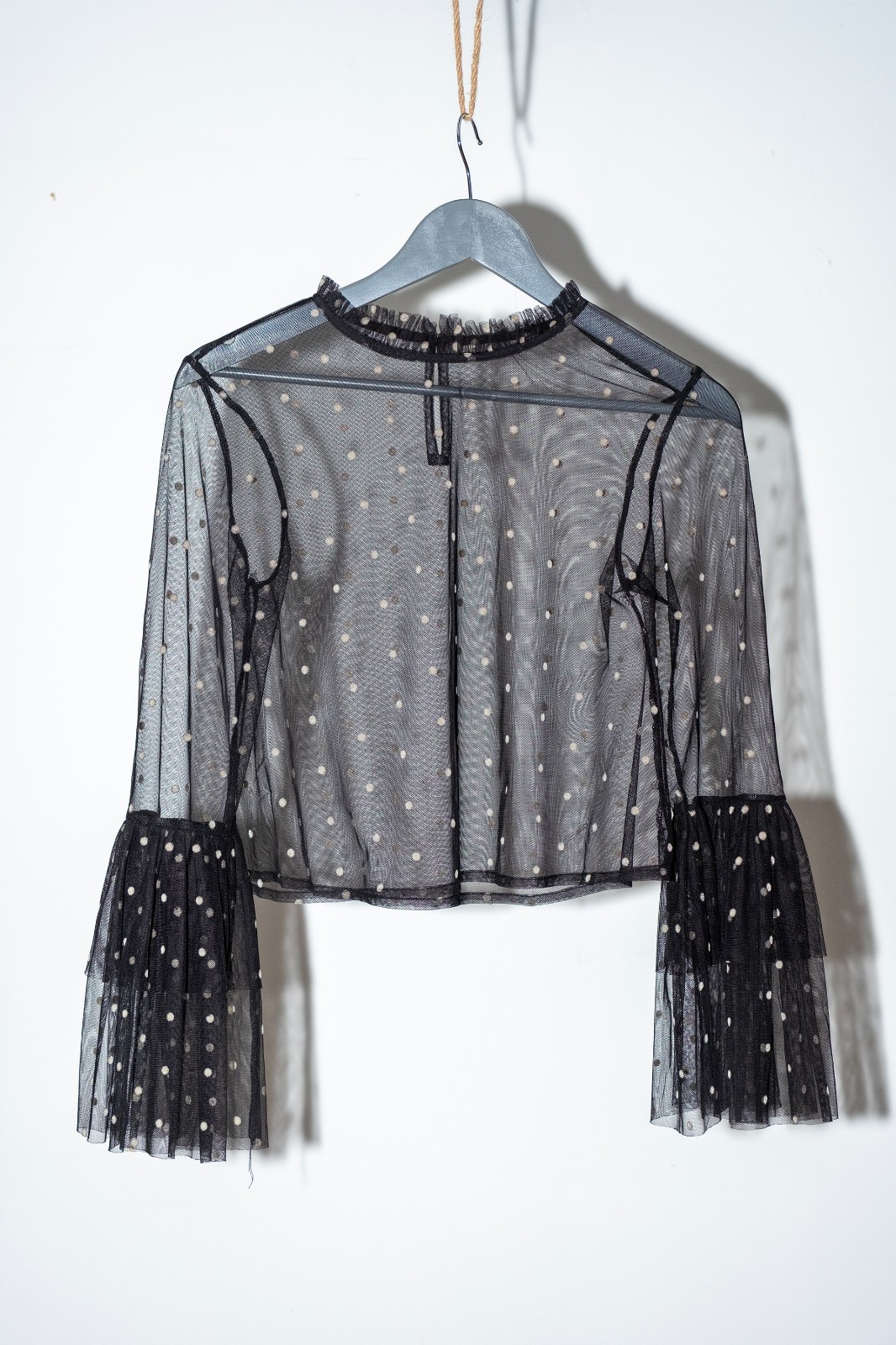 Sheer Black Polka Dot Tulle Top Bell Sleeve Ruffle Mock Neck Blouse Women