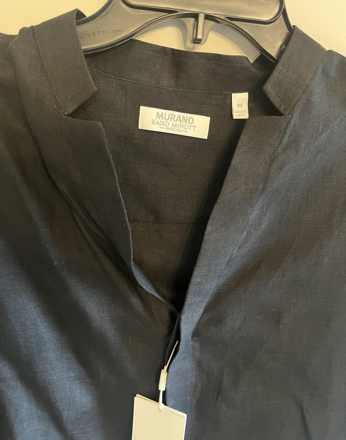Murano Baird McNutt Shirt Mens Medium Black Linen Band Collar Long Sleeve Casual