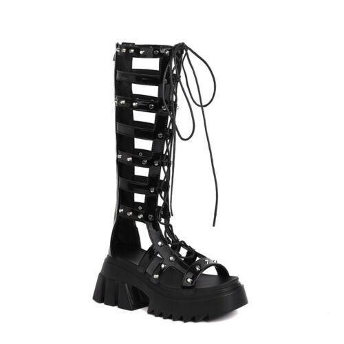Womens Gothic Casual Mid Block Heel Gladiator Lace Up Platform Sandals Shoes Hot
