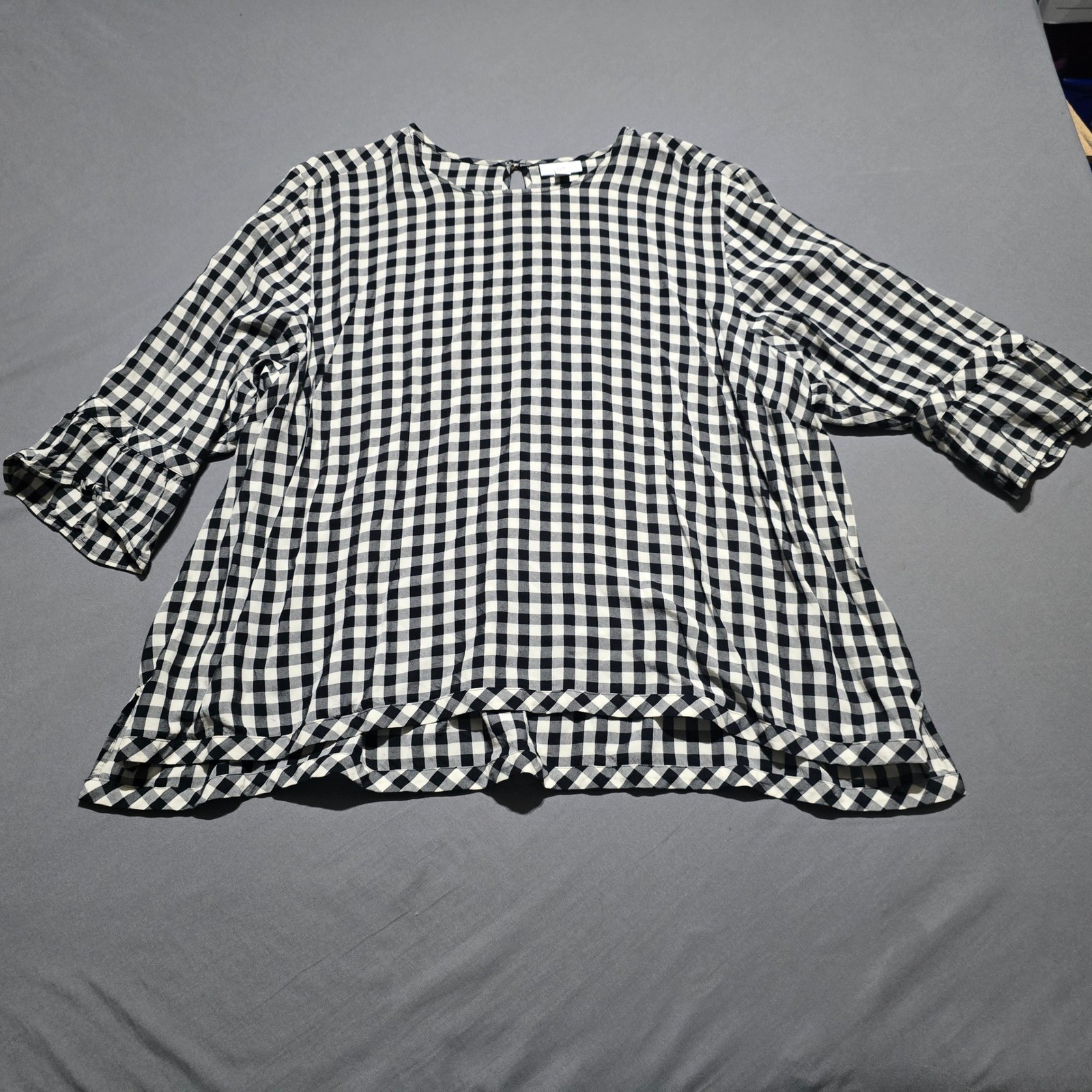 J. Jill Gingham Blouse Womens 3X Black White Bell Sleeve Cottagecore