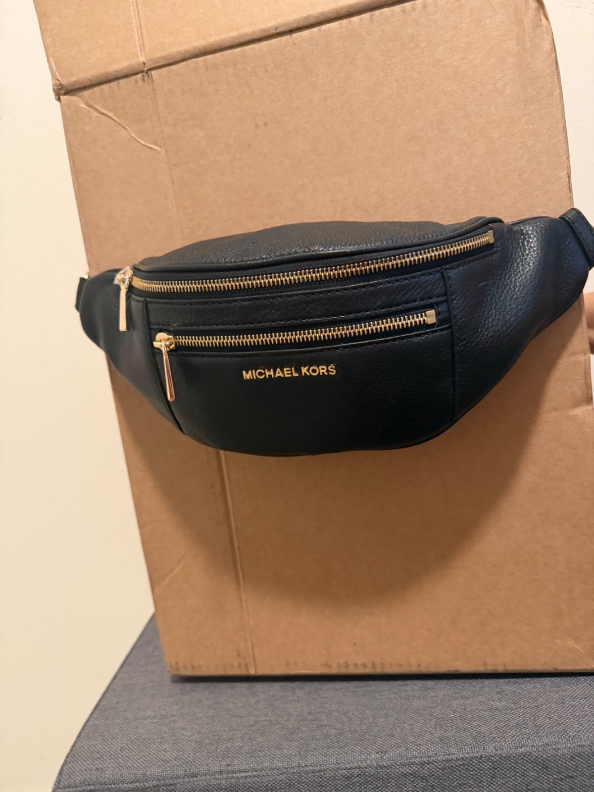 Michael Kors Mott Convertible Belt Bag Black Leather Gold Hardware