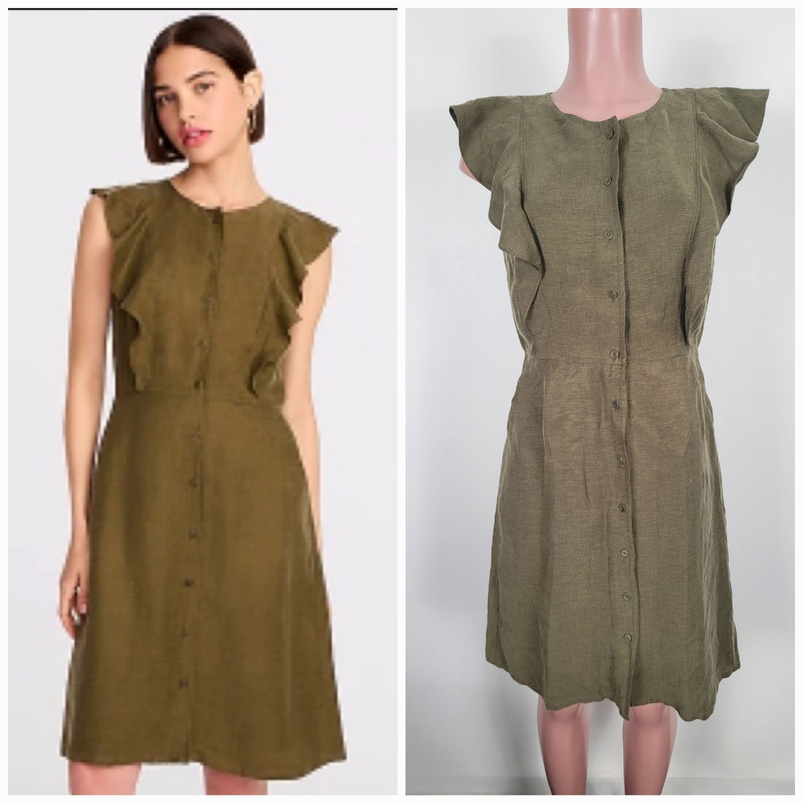 J. Crew Ruffle Sleeve Linen Cupro Blend Dress Olive Button Front Dress Size 6