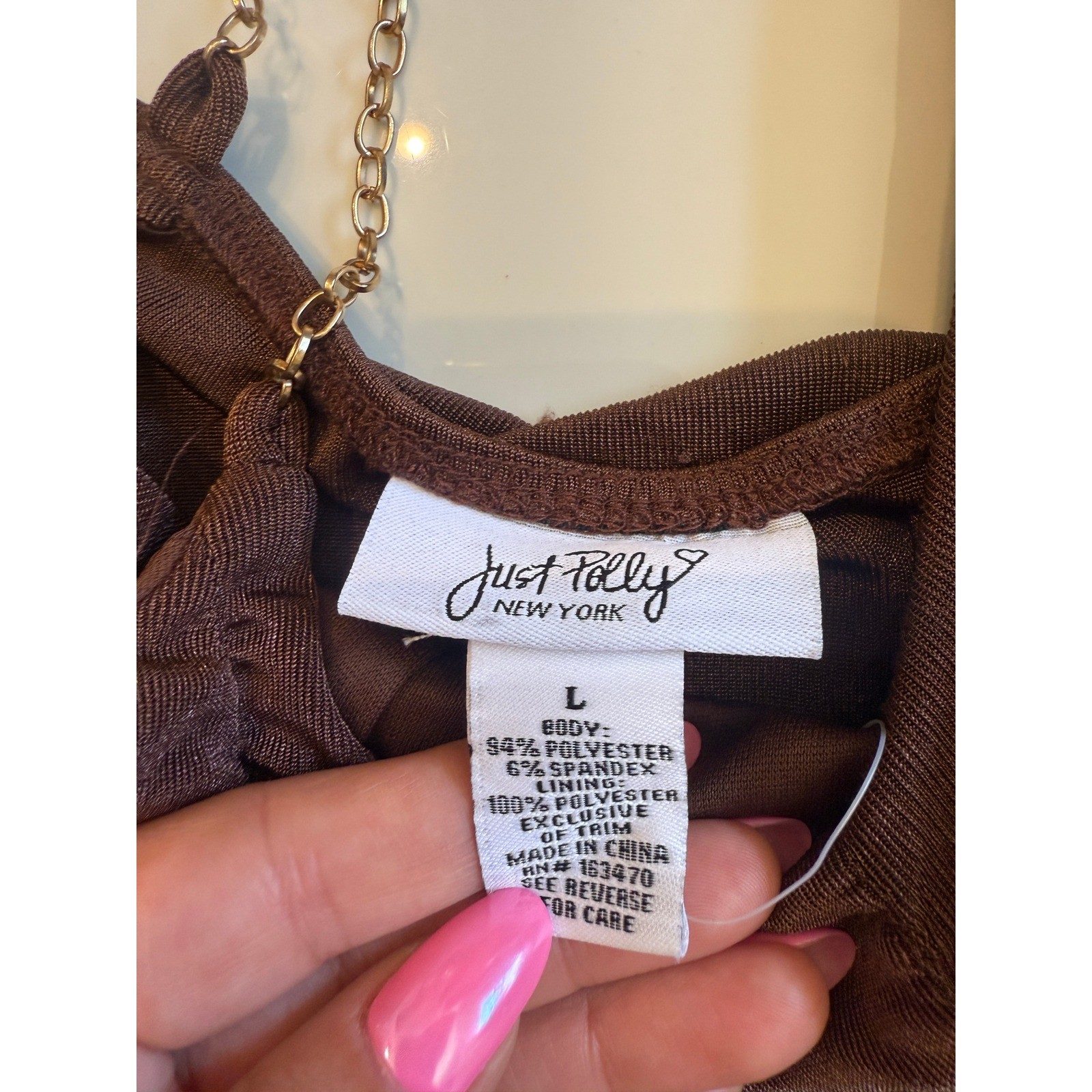 Just Polly New York Brown Ruched Bodysuit Gold Chain Straps Size L