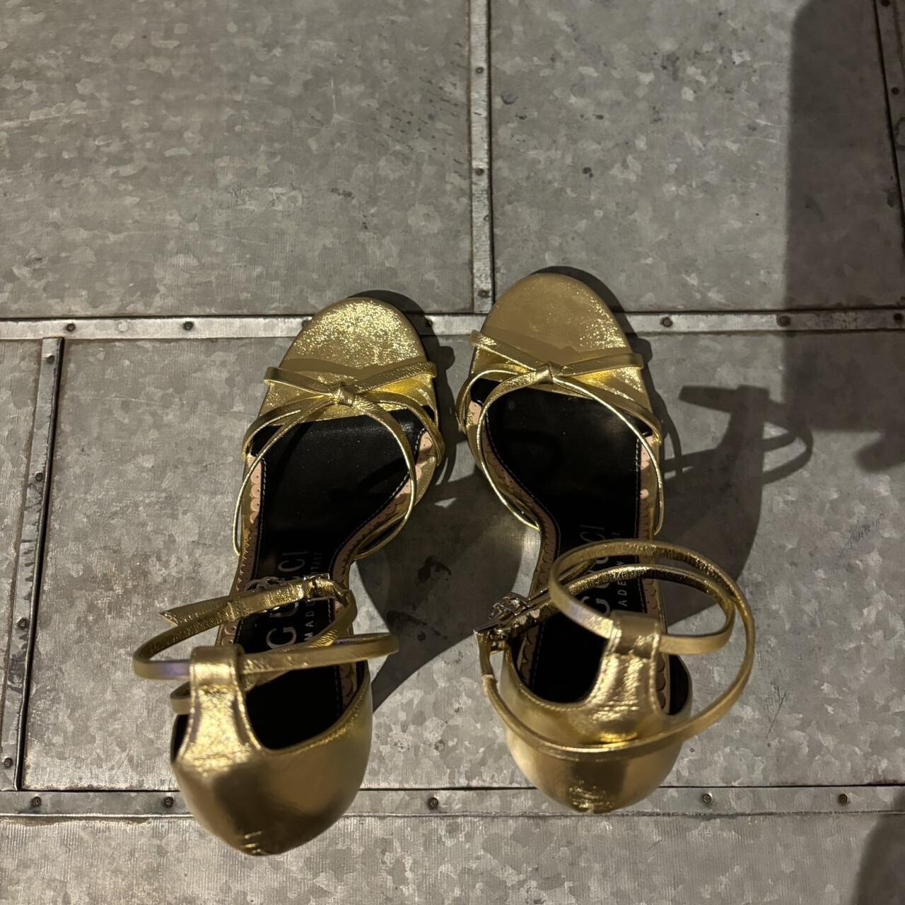 Gucci Women’s Gold Ilse Metallic Leather 110m Heel Sandal Shoes Size 36 1/2