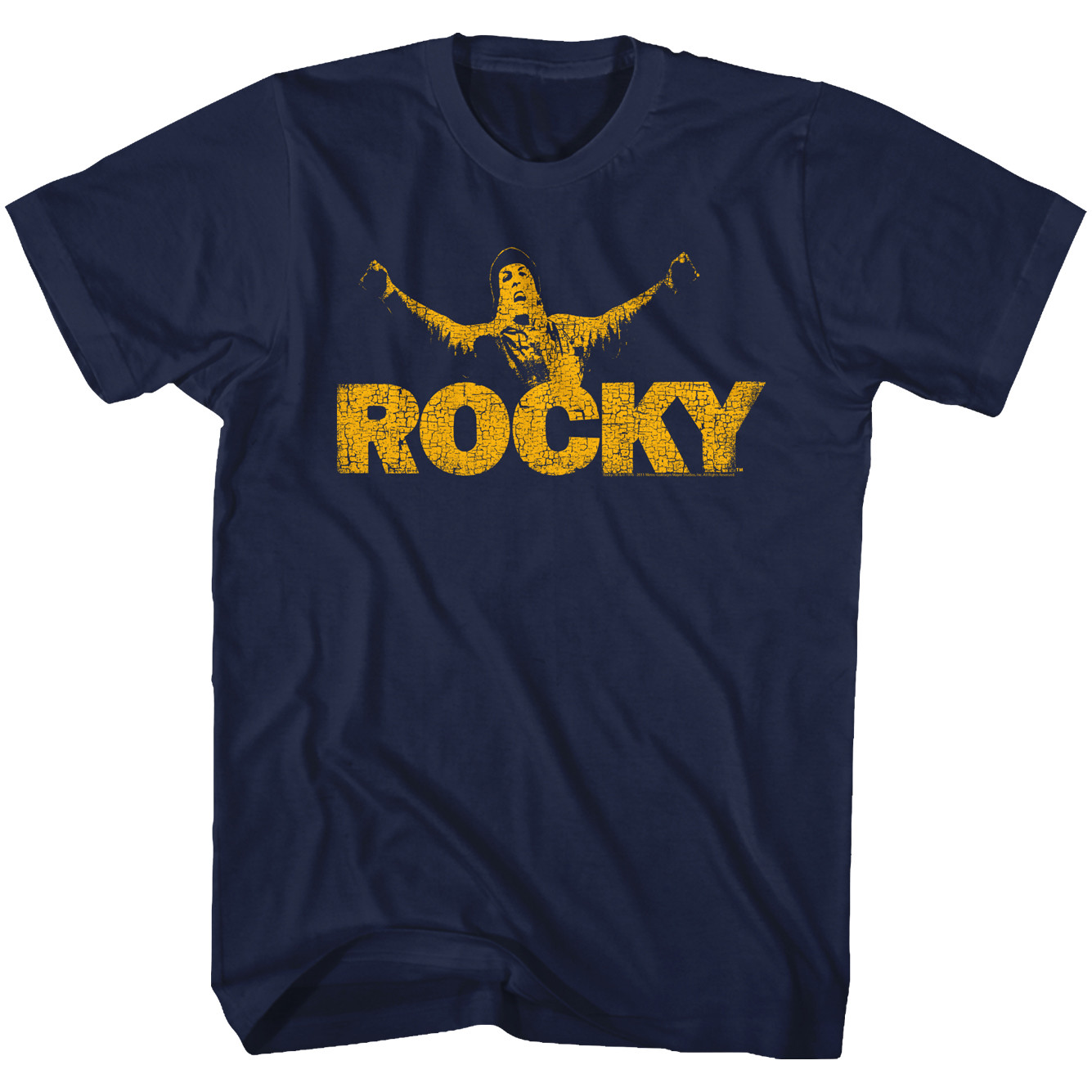 Rocky T-Shirt Distressed Yellow Logo Navy Tee