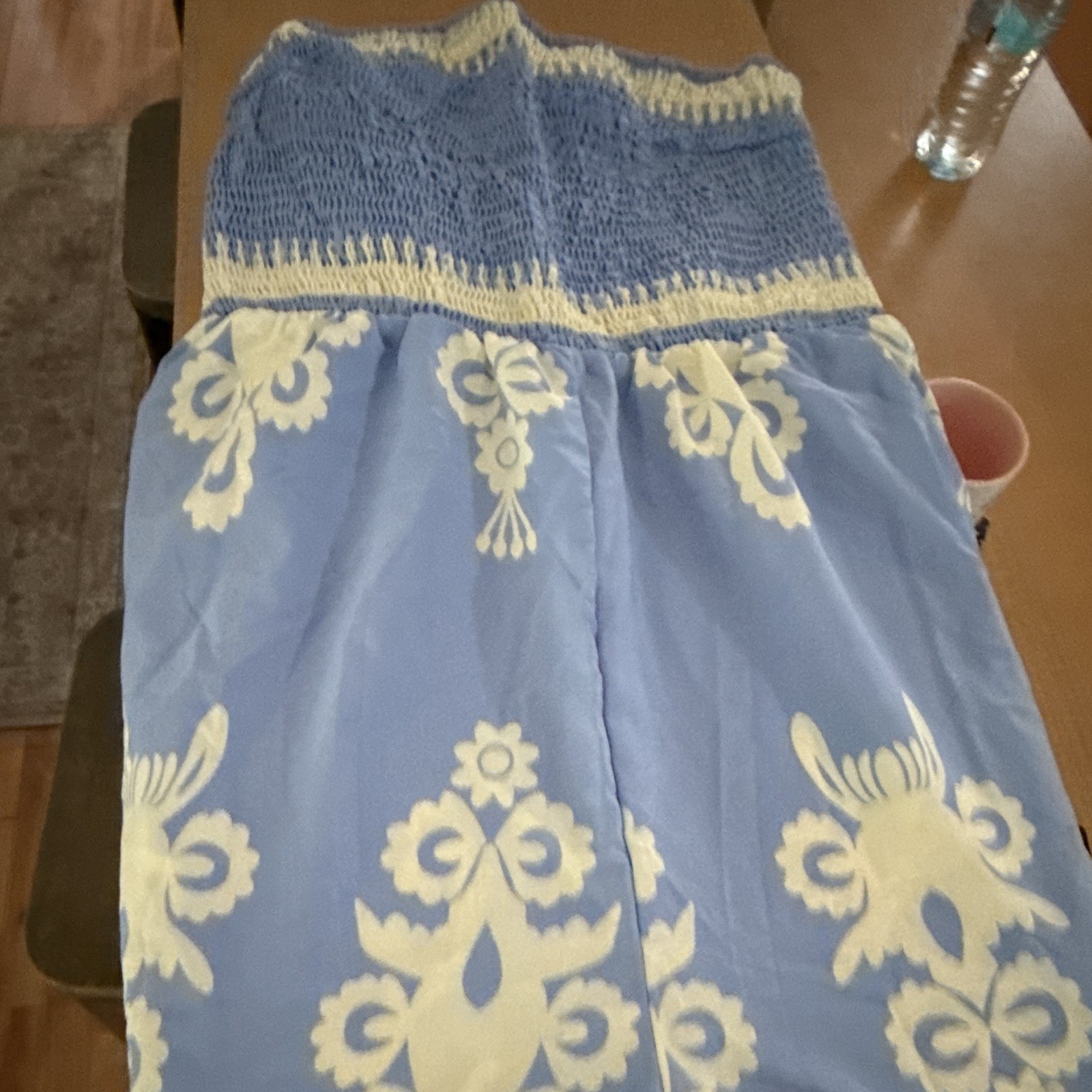 Women’s Blue & White Floral Wide-Leg Palazzo Pants, Elastic Waist, size S/M