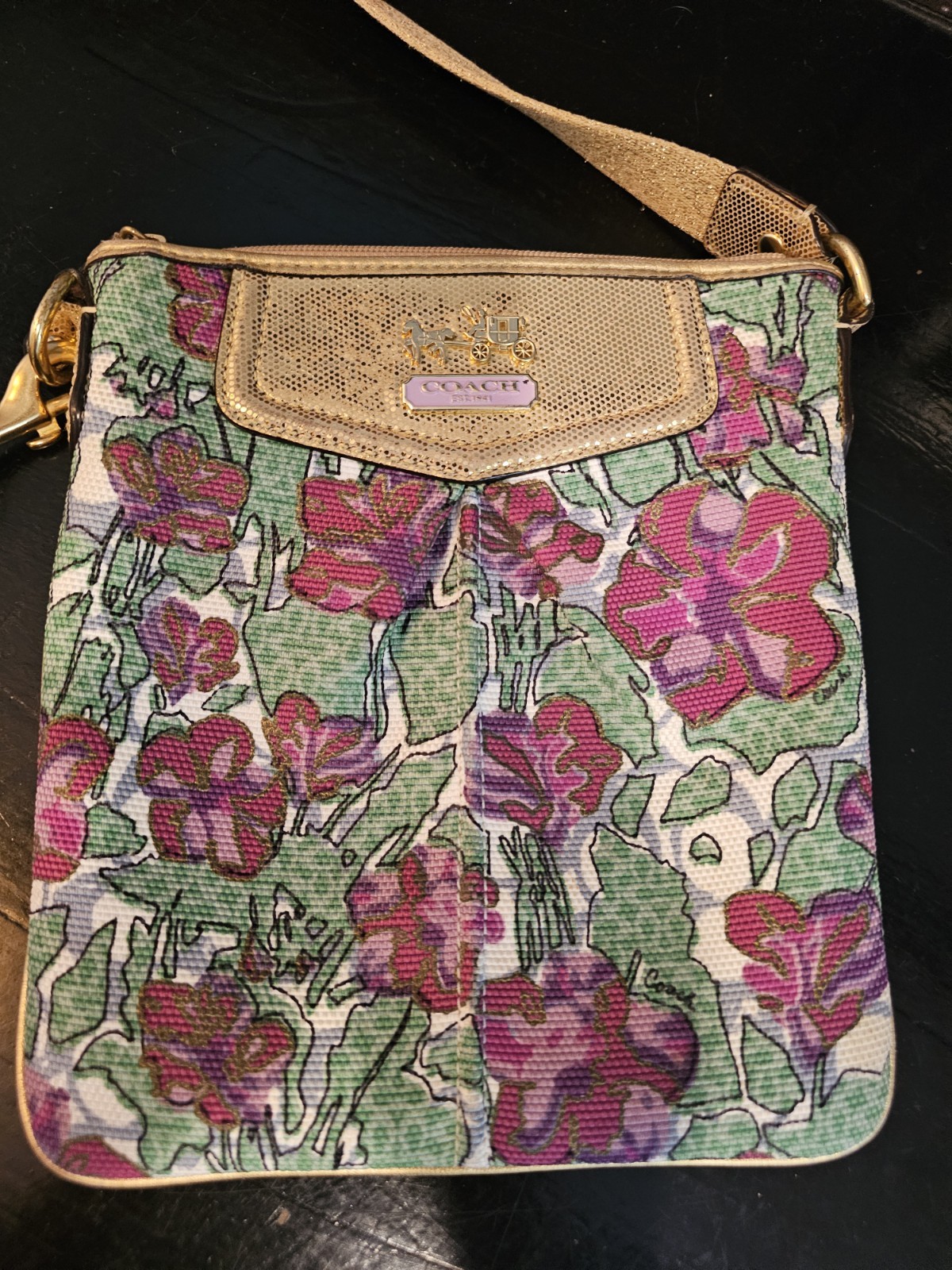 Coach Purse Ashley Floral Iris Gold Fabric Leather Crossbody Bag