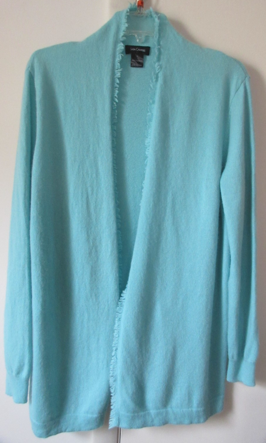Sara Campbell 100% Cashmere Aqua Green Open Front Fringe Cardigan M/L?