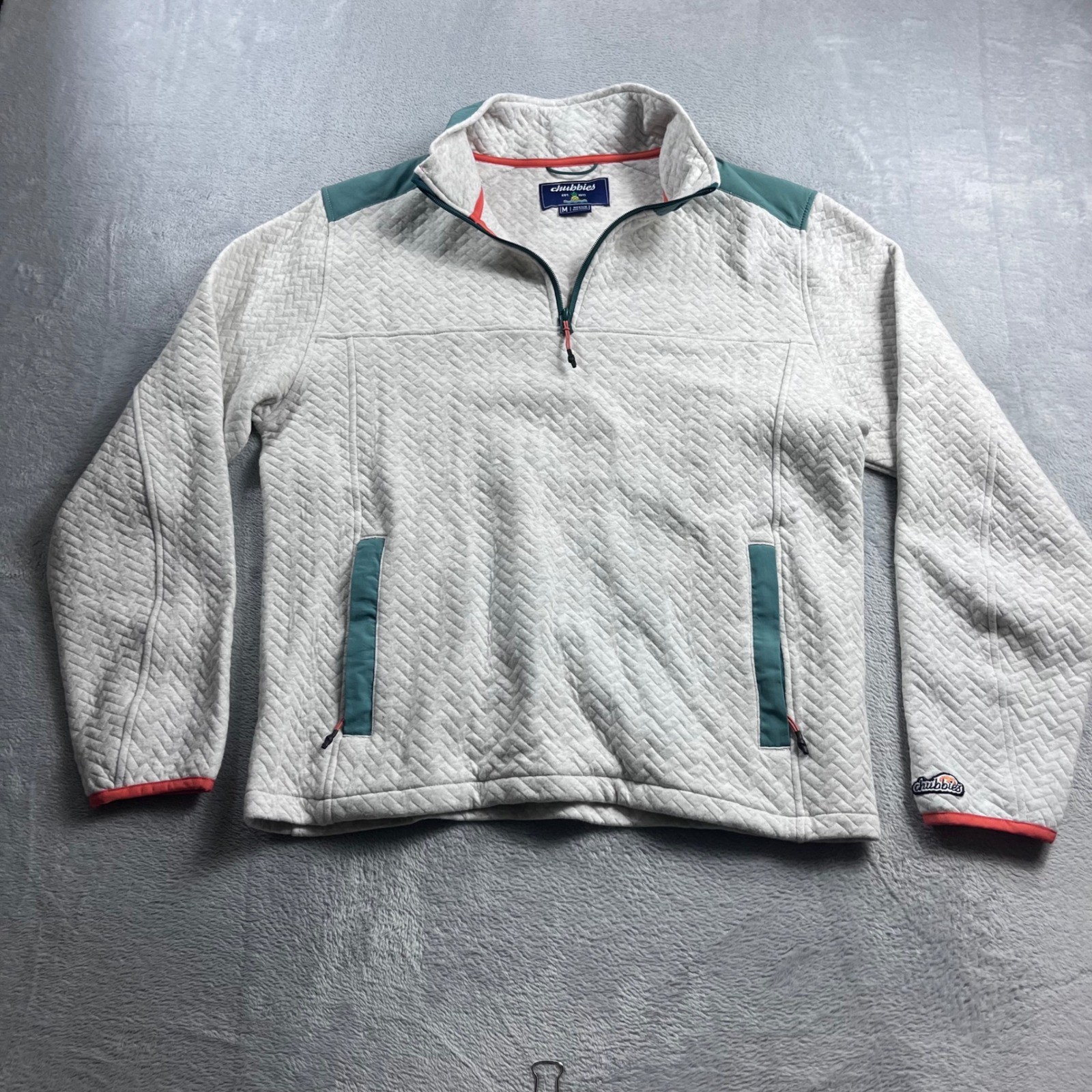Chubbies Mens Quilted Quarter Zip Pullover Grey Teal Orange Trim Size Medium