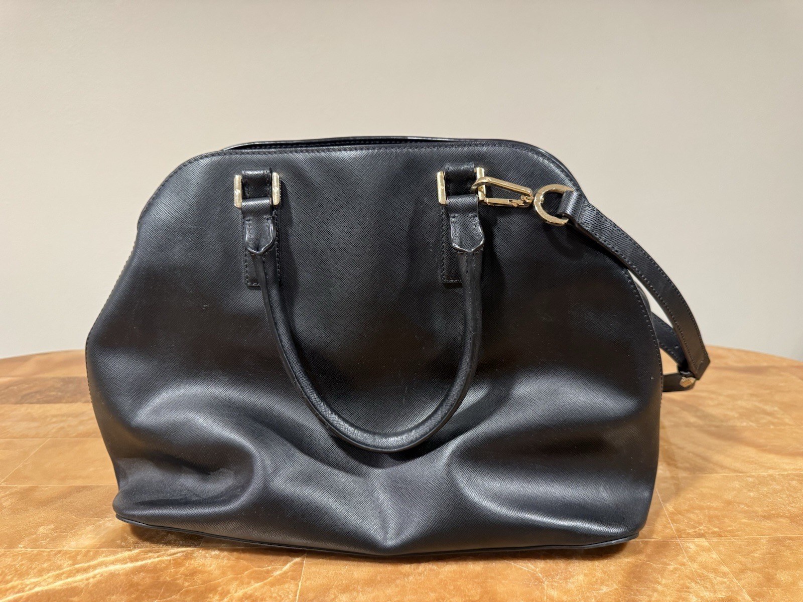 Tory Burch Small Black Saffiano Leather Top Handle Bag Dome Satchel Purse Gold