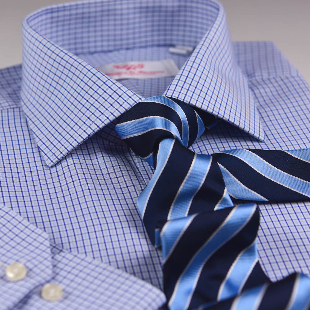 Light Blue Mens Formal Business Dress Shirt Plaids & Checks With Standard Cuff