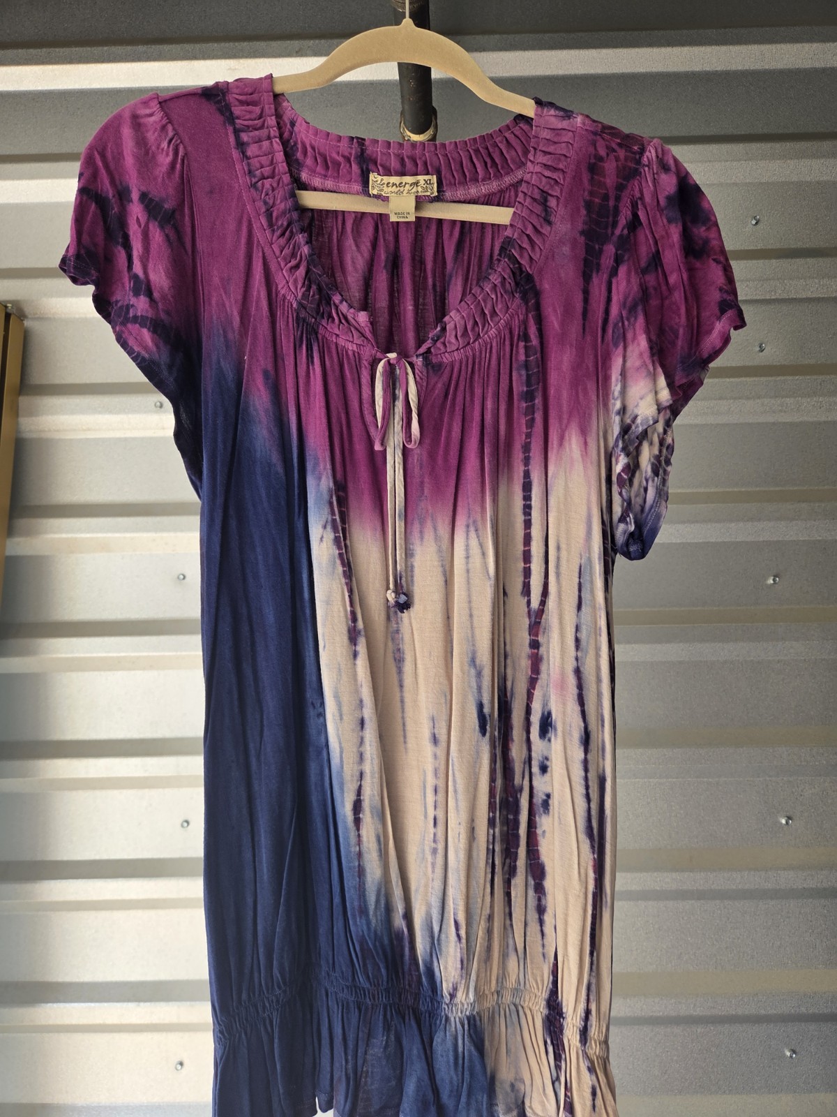 Energie Women’s XL Purple Blue Beige Tie-Dye V-Neck Short Sleeve Tie Blouse