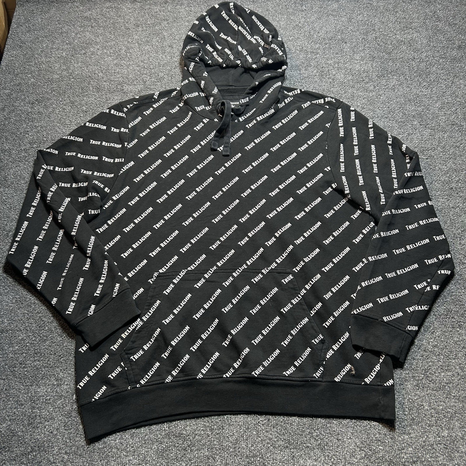 True Religion Mens 2XL Hoodie Black White All Over Logo Pullover