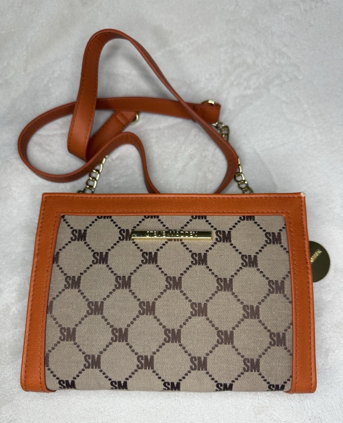 Steve Madden Women’s SM Logo Crossbody Bag Zip/Snap Chain Strap Charm Orange