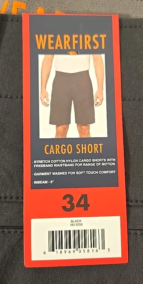 Wearfirst Cargo Shorts 34 Black Freeband Waistband Stretch Cotton Nylon Mens NEW