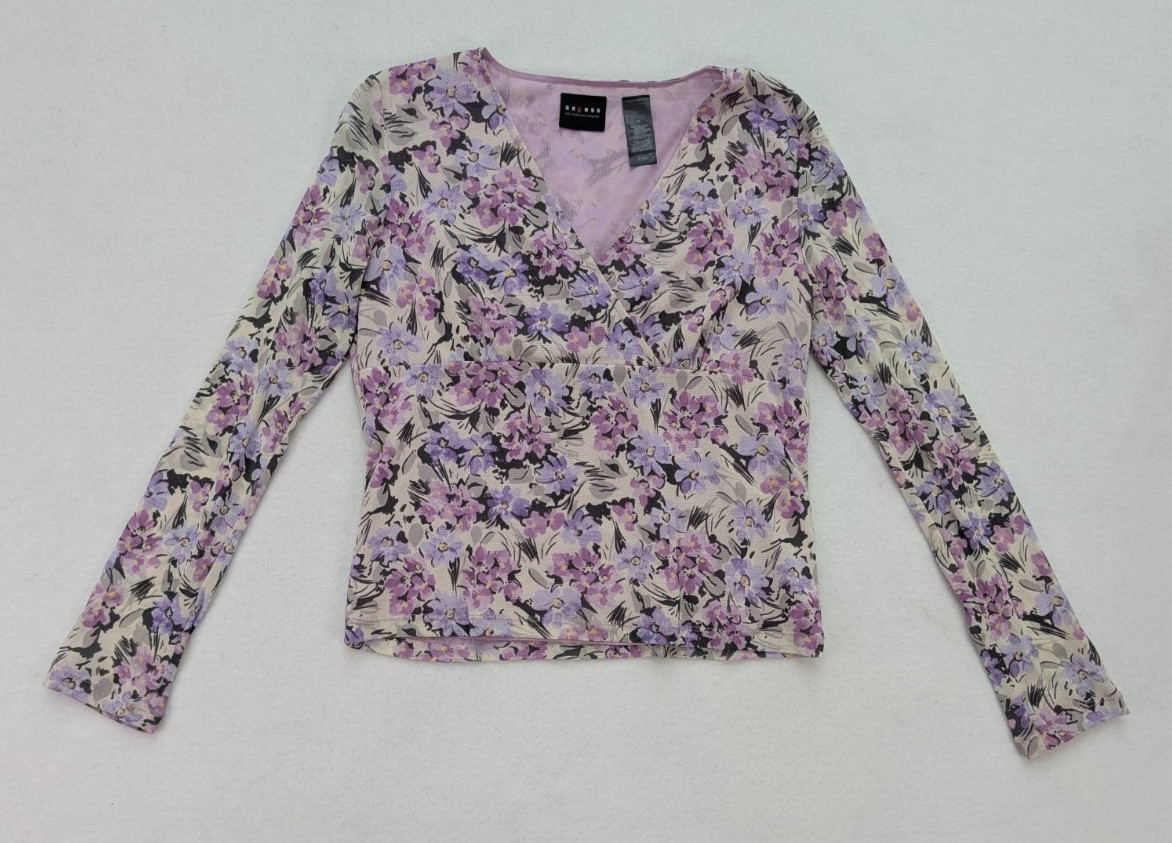 Axcess Women’s Top Size M Purple Floral Print Long Sleeve Mesh Stretch