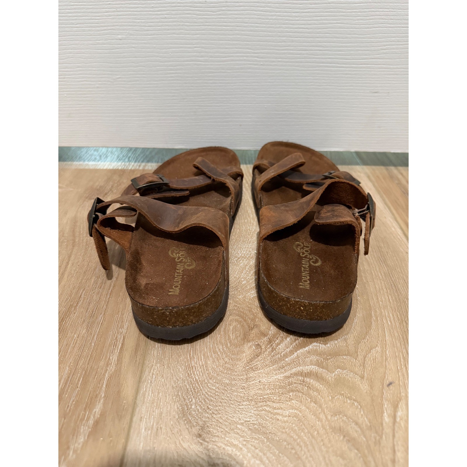 Mountain Sole Brown Leather Slide Sandals Cork Footbed Buckle Straps Boho Womens