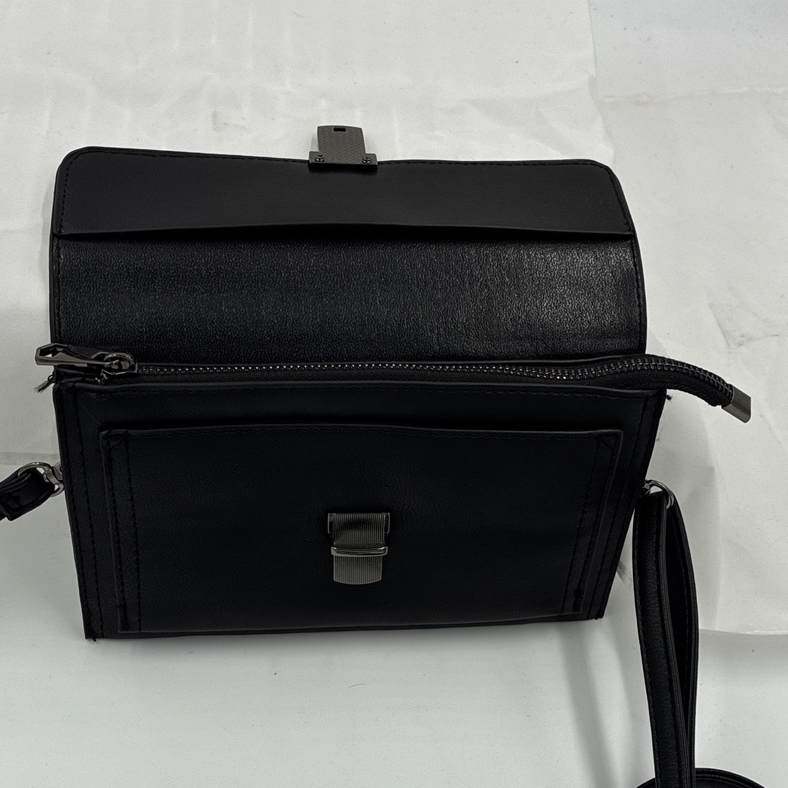 Women’s Black Small Crossbody Bag, Silver Hardware, Push Lock, Zip