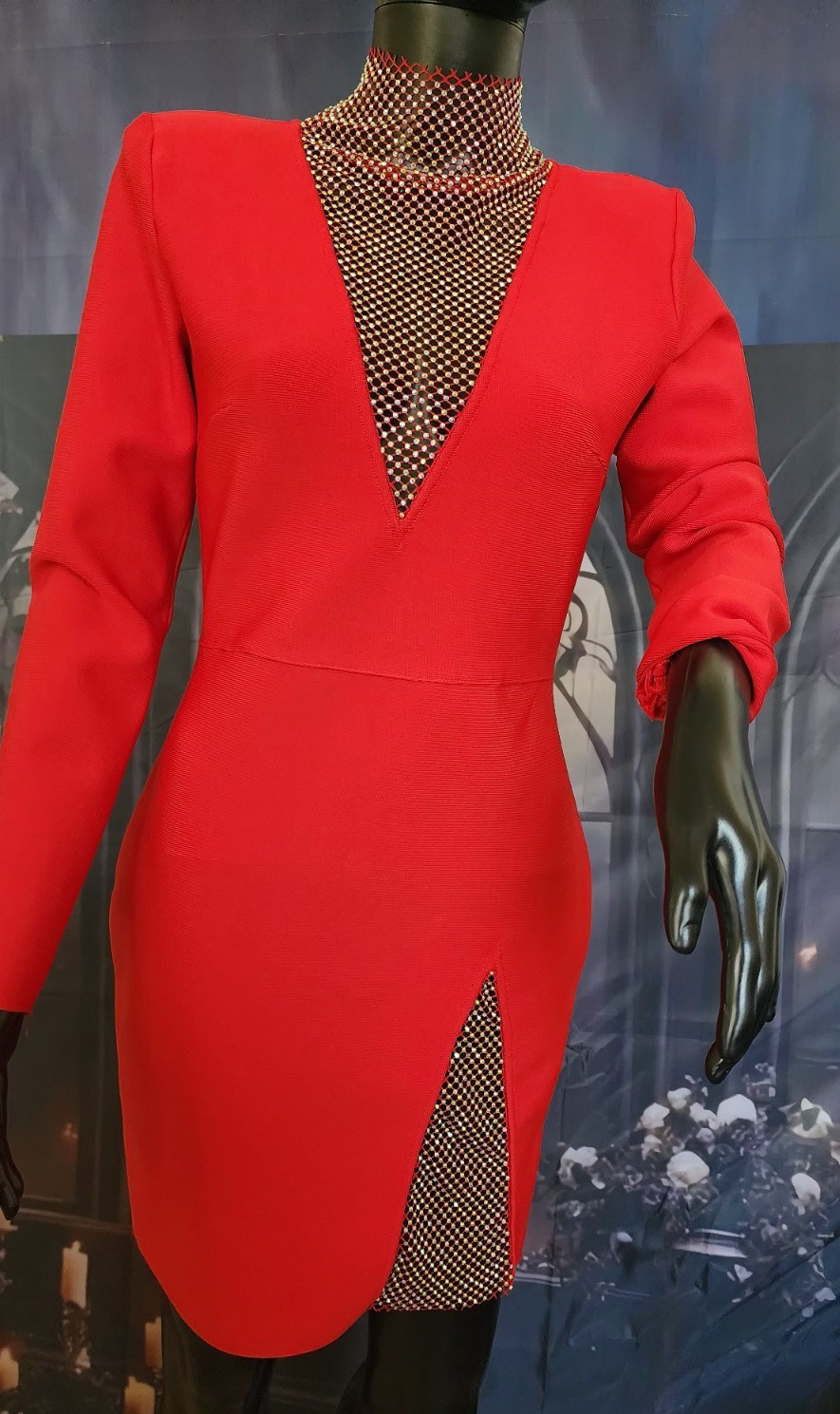 ❤️ Red Rhinestone Mesh Bodycon Cocktail Dress | Long Sleeve Deep V-Neck