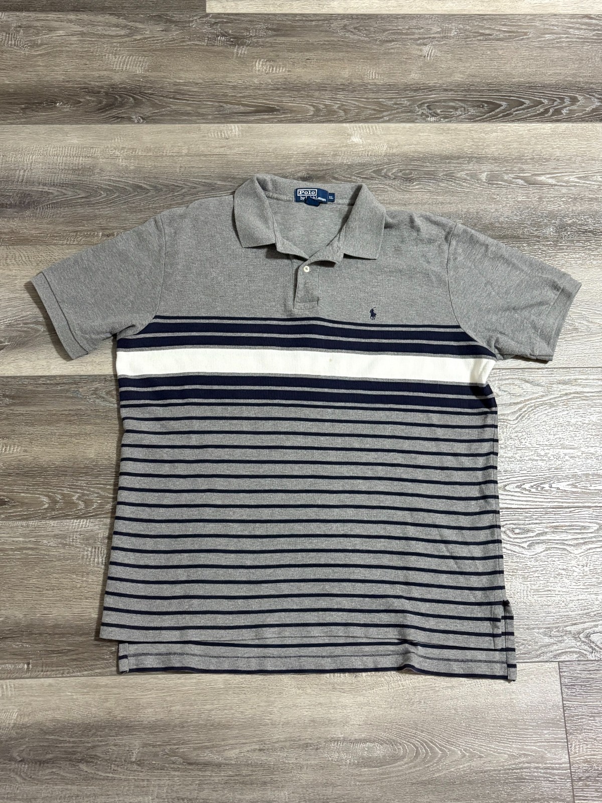 Vintage 90s Polo Ralph Lauren Grey Striped Polo Shirt Preppy Retro – Men’s XL
