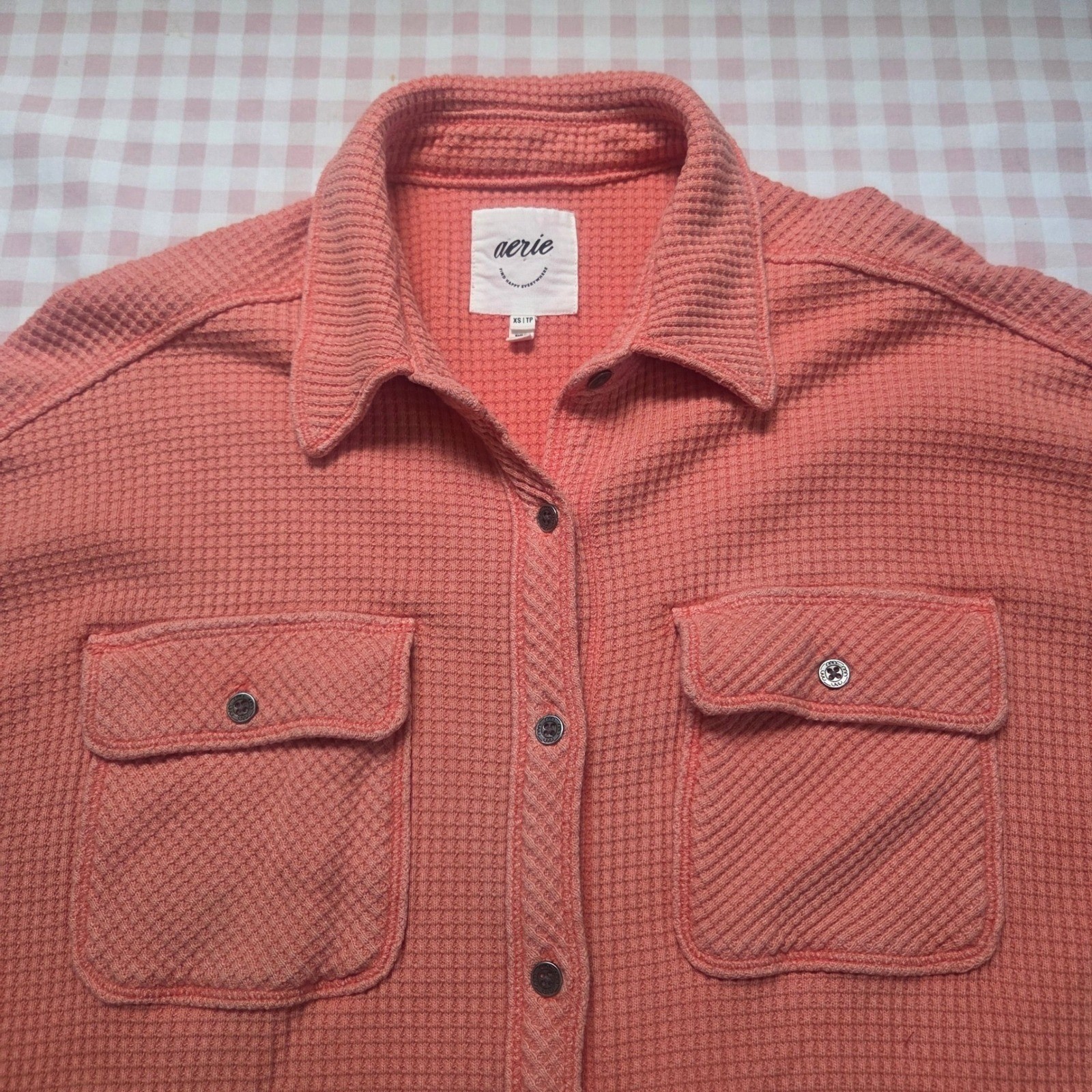 Aerie Lumber Jane Waffle Knit Oversized Button Down Shirt Shacket Coral Rust XS
